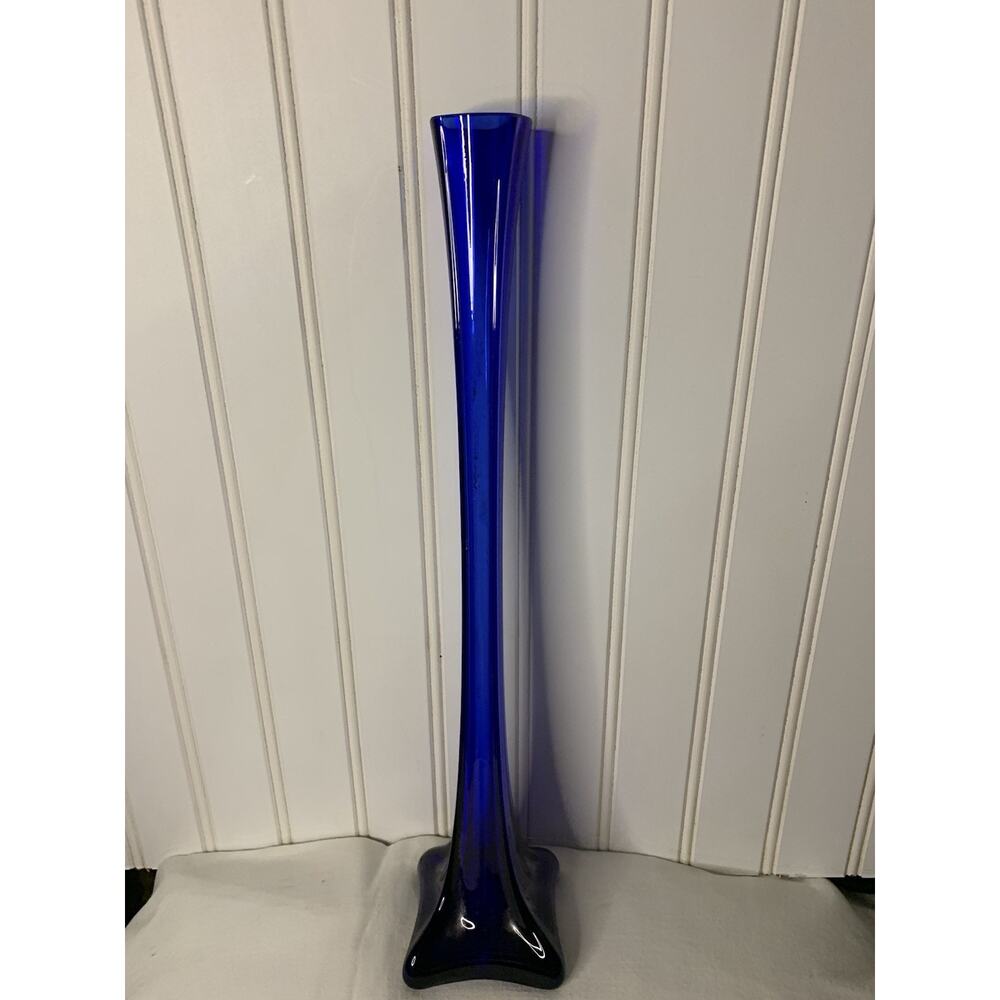 Vintage Cobalt Blue‎ & Clear Art Glass Bud Vase Square 15 3/4” Tall - Picture 5 of 6
